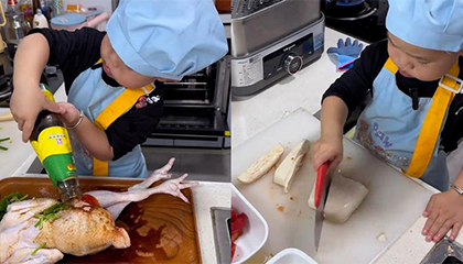 2岁宝宝给全家人做饭