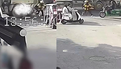 外卖小哥过马路遇货车未减速