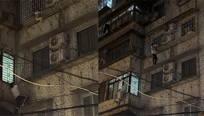 男童悬挂4楼防护窗外