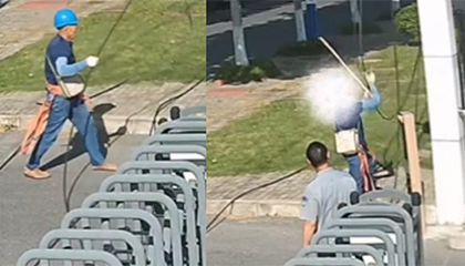 退休电工穿工服白日偷电缆