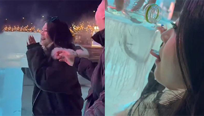 女孩哈尔滨旅游舔冰块