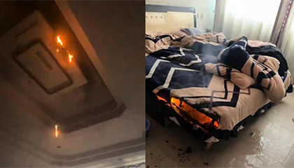 卧室顶灯失火引燃床上用品