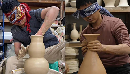 青瓷师傅蒙眼拉坯一气呵成