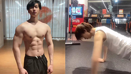 俯卧撑像“蝴蝶振翅”的瘦小伙